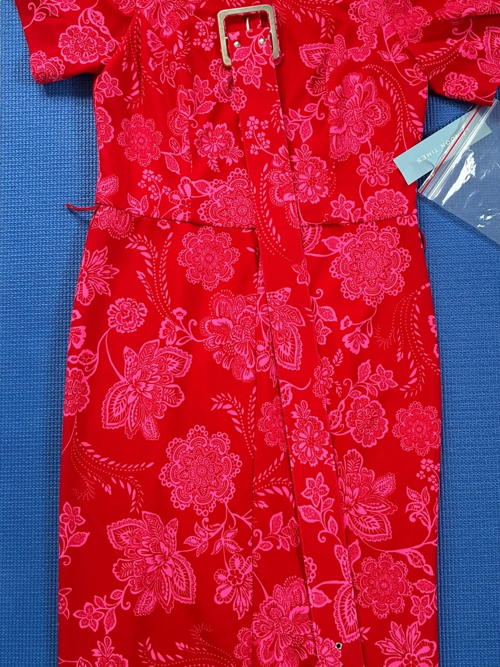 London Times Red Floral Midi Dress with Self Belt